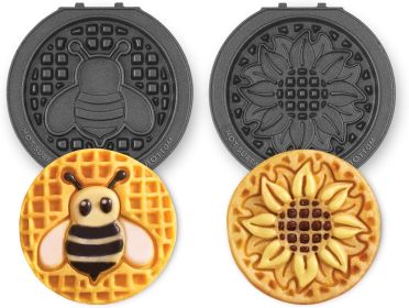 Mini System Two 4' Nonstick Removable Waffle Plates Set (Sunflower & Bee) - 2Pc Plate Pack for Waffle Iron & Griddle