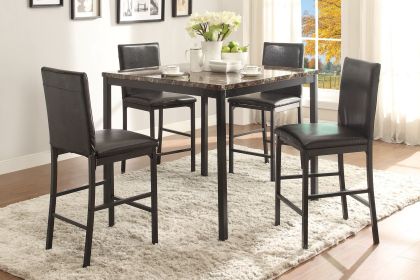 Black Metal Finish Counter Height Dining Set 5pc Faux Marble Tabletop and 4x Counter Height Chairs Transitional Small Space Dining Room Furniture