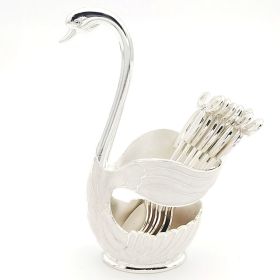 1pc Coffee Dessert Spoons Set; Swan Base Holder Coffee Spoons Set With 6 Forks Spoons Creative Metal Coffee Dessert Spoon Set For Coffee Dessert (Color: Silvery, Items: Spoon)